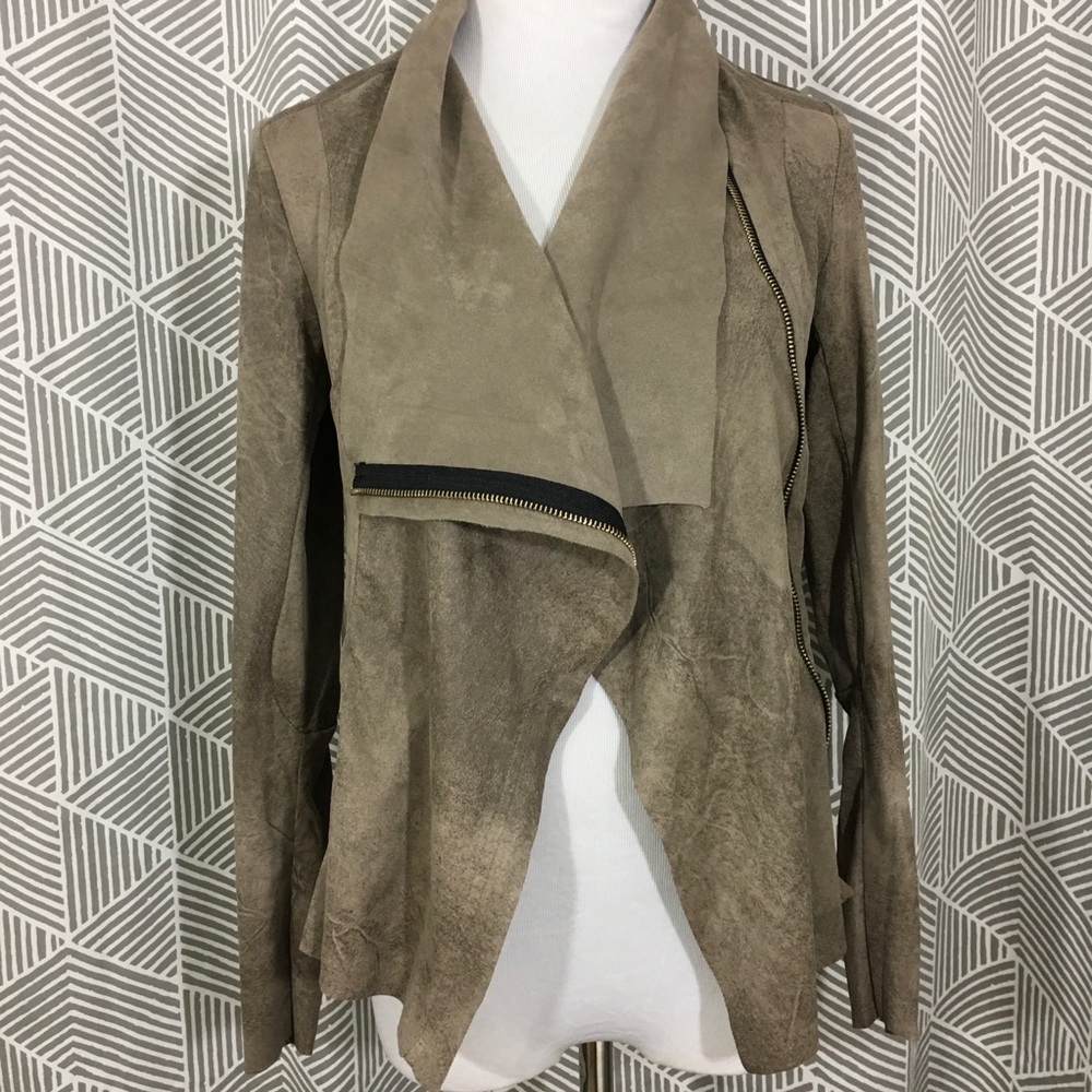 Zara Faux Suede Moto Jacket Taupe Waterfall Drape Lightweight Spring Jacket XS